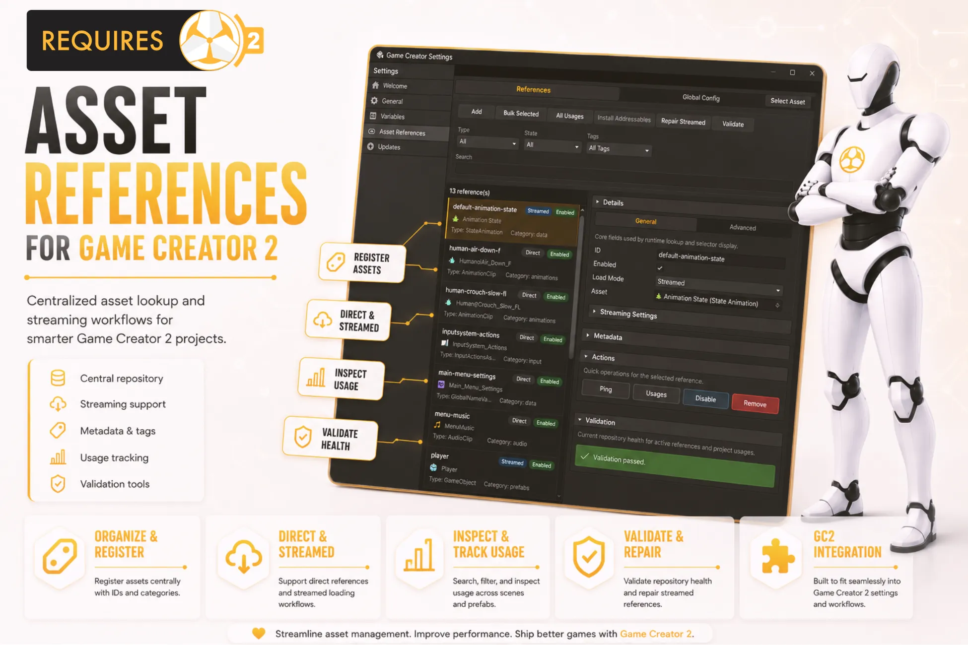 Asset References overview showing the Game Creator Settings database and its main workflows