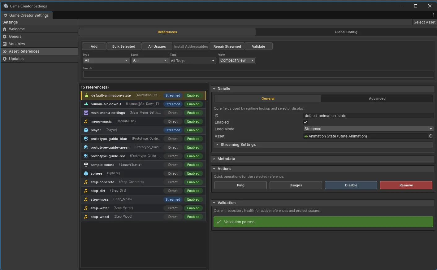 Asset References database with its toolbar, filters, reference list, details, actions, and validation