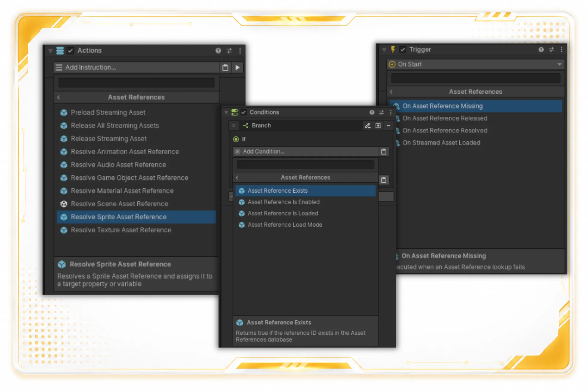 Game Creator pickers showing Asset References Instructions, Conditions, and Events