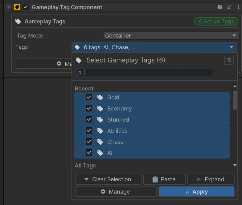GameplayTagComponent holding several Gameplay Tags