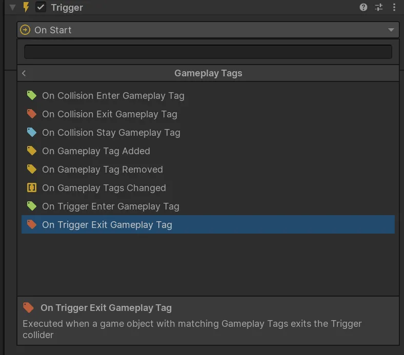 Gameplay Tags Events in the Game Creator Trigger picker