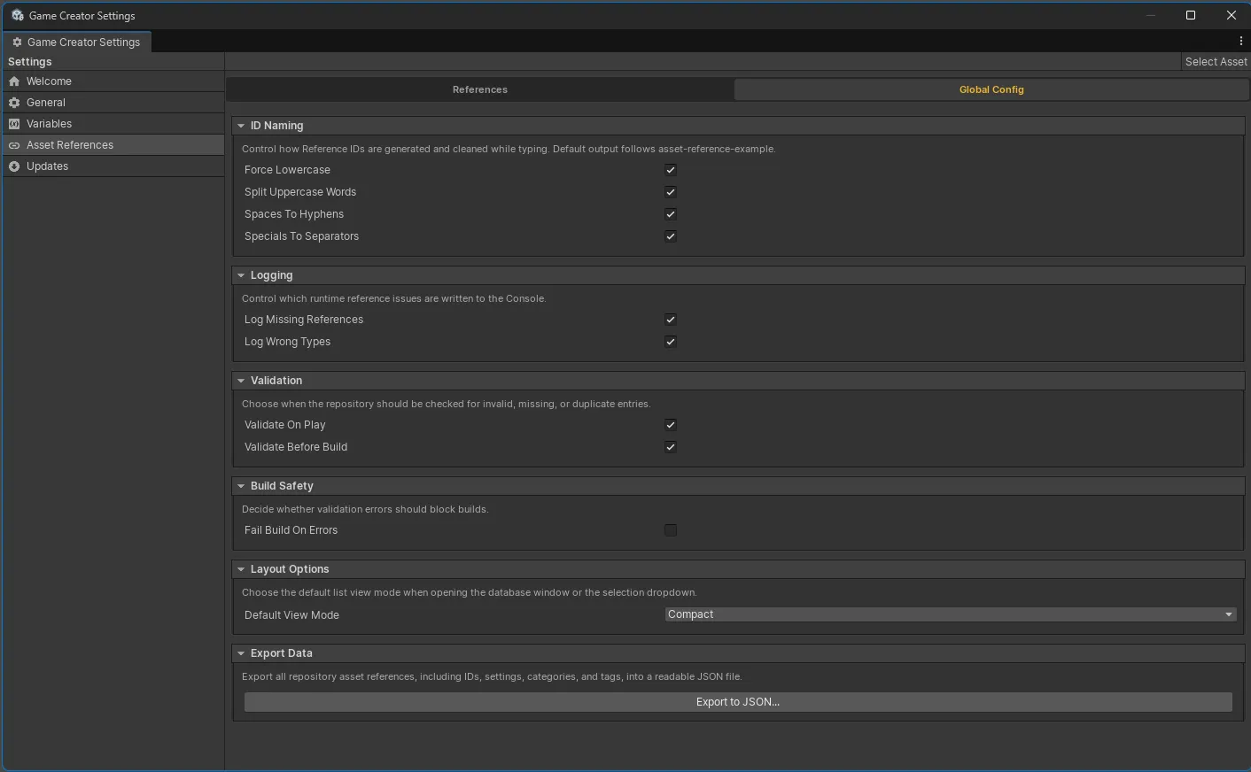 Global Config with ID naming, logging, validation, build safety, layout, and export settings