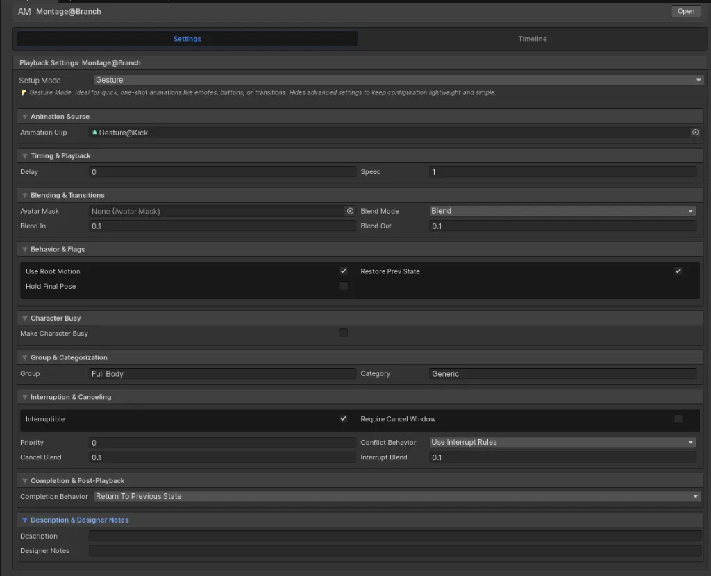 Animation Montage Gesture settings with animation, timing, blending, root-motion, interruption, and completion fields
